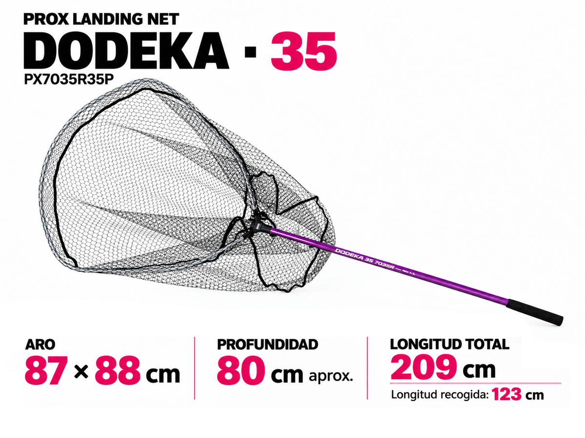 Prox Dodeka Landing Net talla 35 (PX7035R35P): mango telesc?pico morado de aluminio, empu?adura de EVA y aro plateado