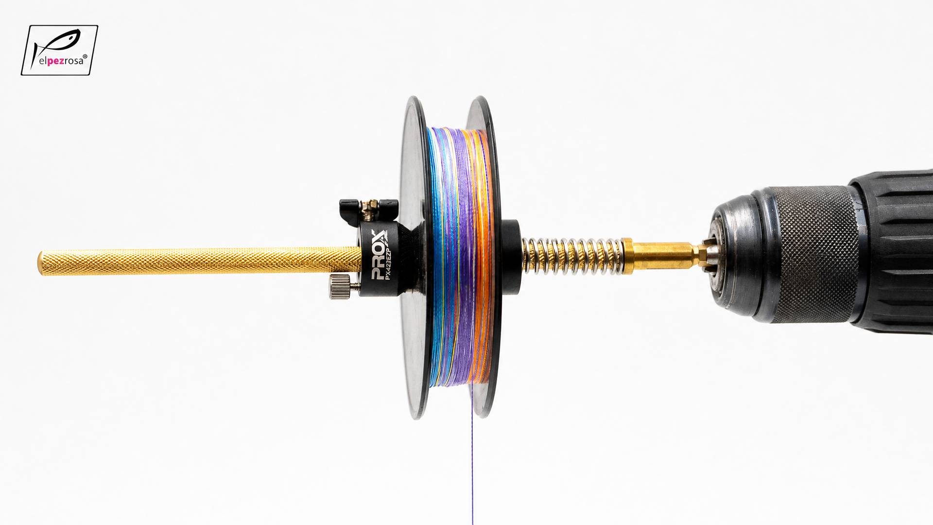 PROX Line Remover EZ Plus montado en un taladro con una bobina recogiendo hilo