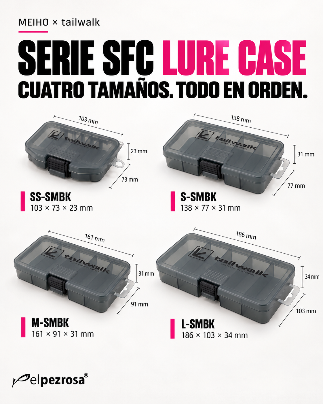 Cuadro de tallas de la gama MEIHO tailwalk SFC LURE CASE: SS 103 x 73 x 23 mm, S 138 x 77 x 31 mm, M 161 x 91 x 31 mm y L 186 x 103 x 34 mm